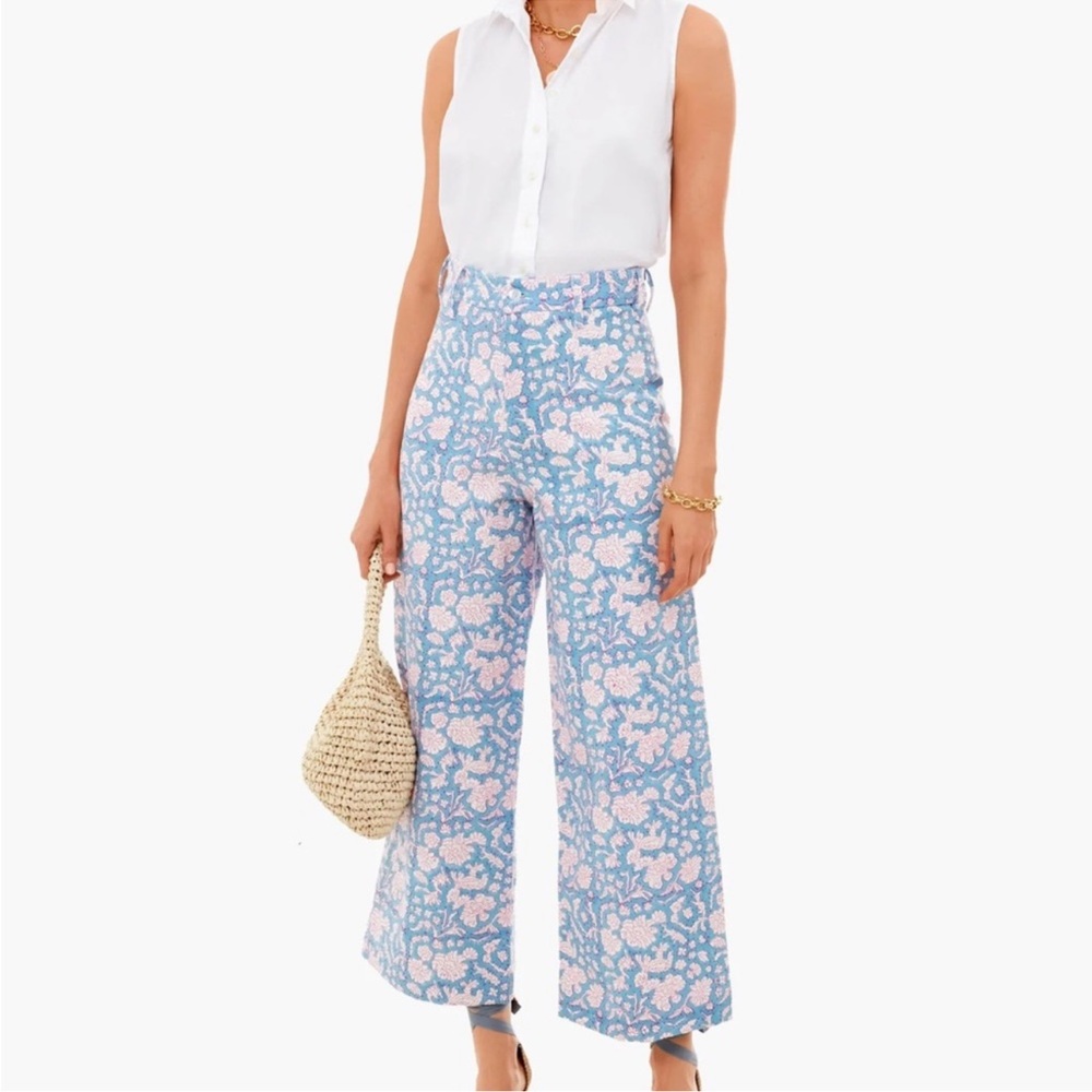 Blue and Pink Floral Wide-Leg Trousers